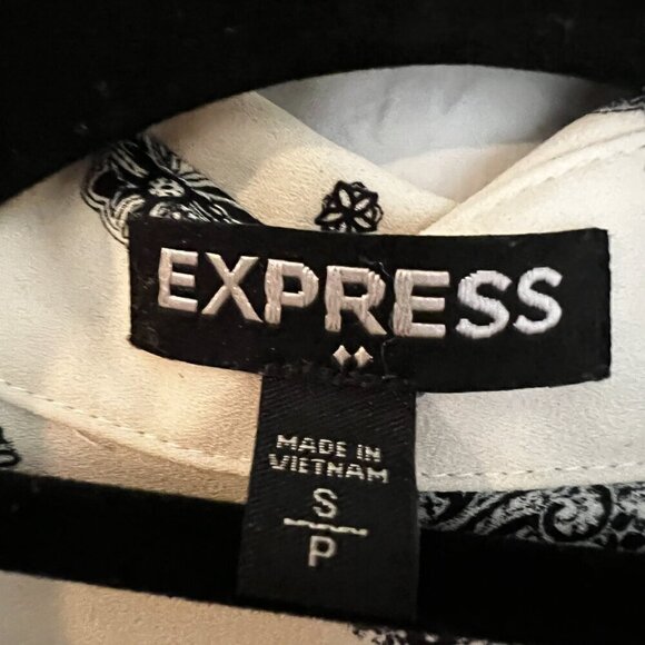 Express Top White w Black Print Portofino Sheer Button‎ Long Sleeve Career Sz SP - Picture 2 of 10